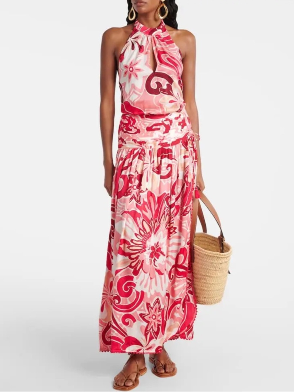 Poupette St. Barth Halter Top & Maxi Skirt Set Size S Pink Red Tassels Slit